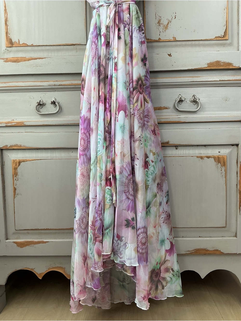 Chicwish | Sunflower Blossom Watercolor Chiffon Maxi Slip Dress Size Large - Picture 3 of 8